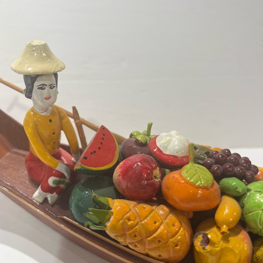 Vintage Thailand wooden floating market boat replica, vegetable lady, 10.5”